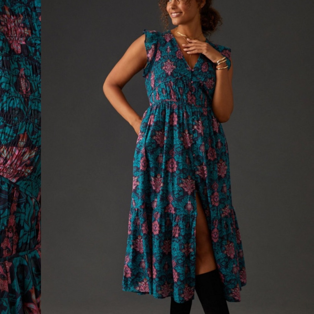 Anthropologie | Blue Pink Floral Paisley Vintage Style Dress